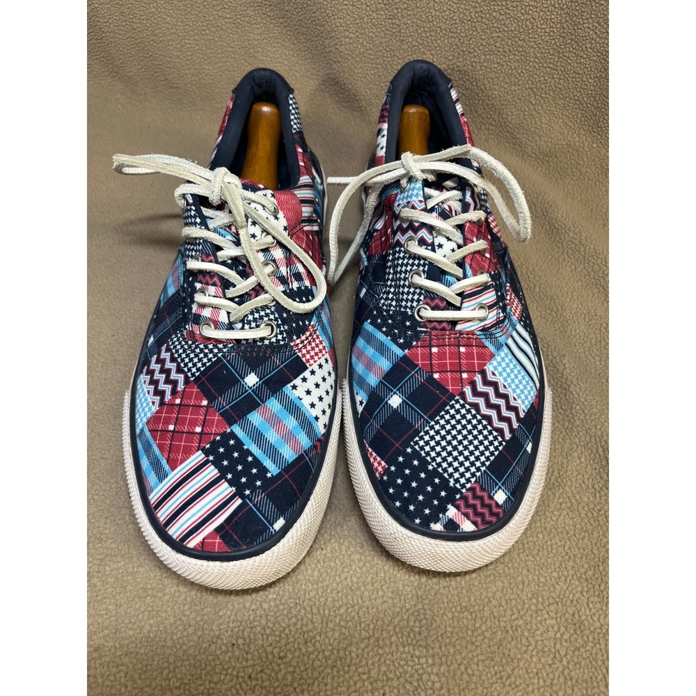 Sperry Top-Sider Patchwork Sneakers Red White Blue Stars Stripes Plaid Mens 10.5